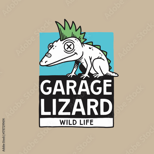 Cartoon lizard with a green mohawk sitting on a blue background above 'GARAGE LIZARD WILD LIFE' text, a quirky logo design.