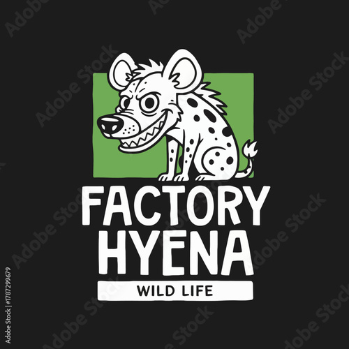 A cartoon logo design of a grinning spotted hyena with the text 'Factory Hyena Wild Life'.