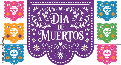 Colorful dia de muertos paper banner with sugar skulls and floral patterns, vibrant mexican holiday decoration, traditional festival vector design