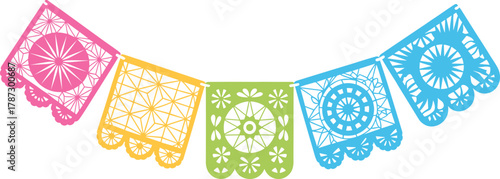 Colorful papel picado banner garland with floral geometric cutout patterns, traditional mexican decoration for festivals, dia de muertos celebration design