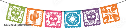 Colorful papel picado banner with skull cactus and sun designs, traditional Mexican Day of the Dead festive decoration vector illustration