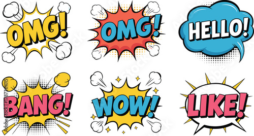 comic book speech bubble set, pop art explosion text, wow bang omg hello like design, colorful retro cartoon illustration