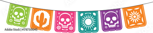 Colorful papel picado banner with skull cactus and sun designs, traditional Mexican Day of the Dead festive decoration vector illustration