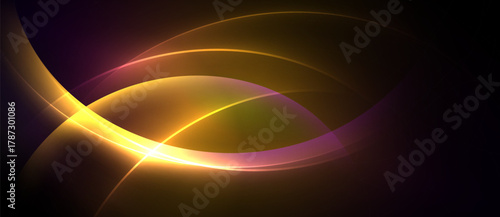 Abstract design features curved lines, vibrant colors. Gold, purple hues create dynamic visual effect. Smooth gradients dominate composition.