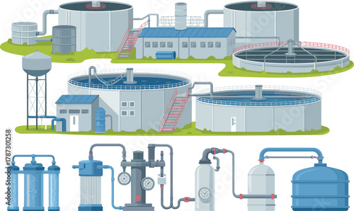 Detailed flat illustration of modern water treatment plant with filtration tanks, pipes, purification equipment, and industrial facility for clean water