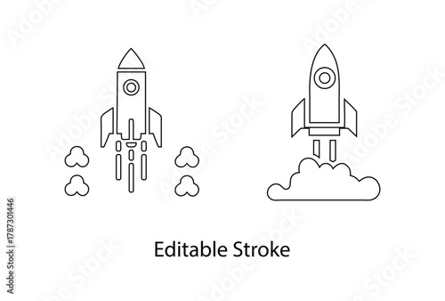 space rocket taking off editable stroke vector icon set, rocket line art icon symbol vector illustration