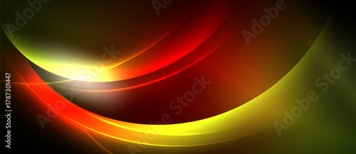 Abstract design features vibrant curves, gradients. Yellow, red, green hues blend into dark background. Light radiates from center.