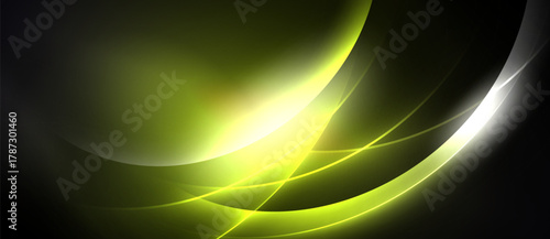 Abstract design features flowing yellow lines, bright glow, dark background. Smooth curves create dynamic visual effect.