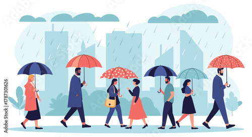 Diverse group of people, both men and women, walking along a street in a city during a rain shower, holding various colorful umbrellas.