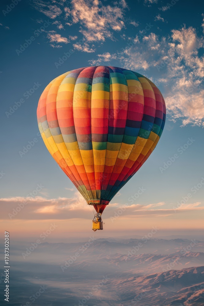 Fototapeta premium Single colorful hot air balloon drifting in a vast blue sky with golden light