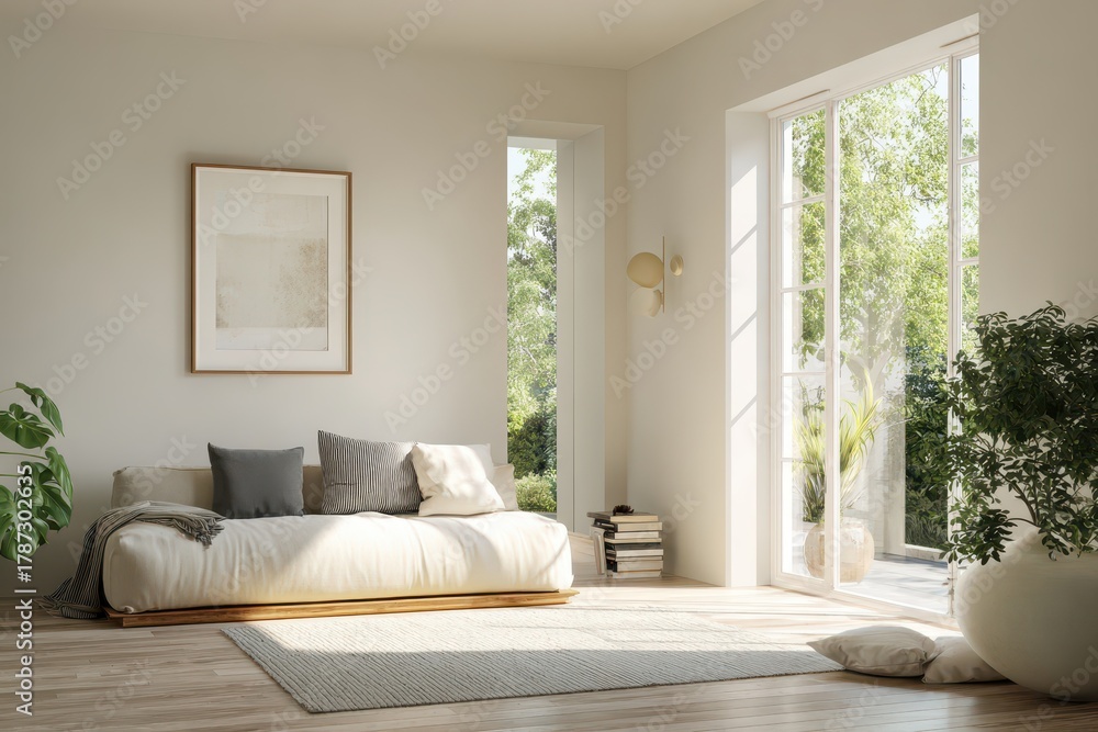 Fototapeta premium Sleek living room background with plush sofa, uncluttered wall, and versatile space for content
