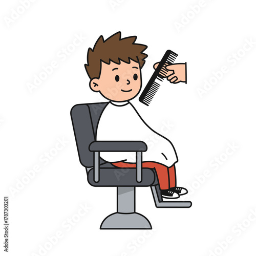 Young Boy Getting a Haircut Cartoon Illustration Barber Chair Comb.