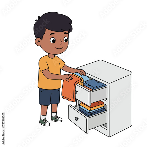 Young boy in an orange shirt and blue shorts organizing his neatly folded clothes in a dresser.