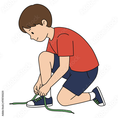 Young boy in red shirt and blue shorts tying green shoelaces on sneakers.