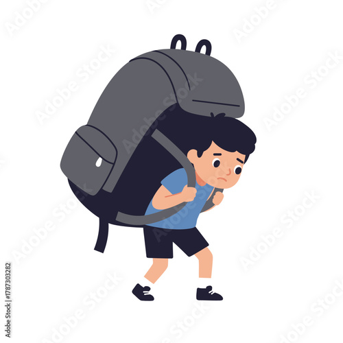 Young boy with a worried expression struggling under the weight of a huge heavy backpack.