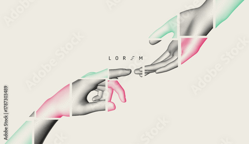 Hands reaching towards each other. Concept of relationship, unity, partnership or contact. The hands are composed of displaced mosaic fragments. Vector for design.
