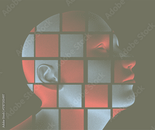 The face is made up of fragments. Mosaic. Man thinks about a problem. Despair, depression, hopelessness or addiction concept. Illustration for business presentation, flyer or poster.