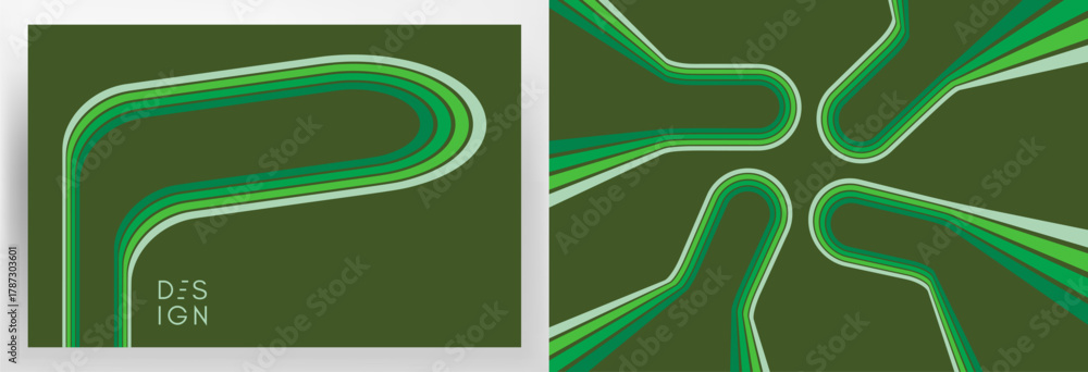 Fototapeta premium A retro 1970s-style background. Colorful lines. Abstract, dynamic curved ribbons. Designed for posters or banners for sports competitions and races. A collection of vector illustrations.