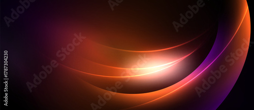 Abstract design features vibrant orange, purple hues. Smooth curves create dynamic light effect, radiating from center. Dark background emphasizes luminosity.