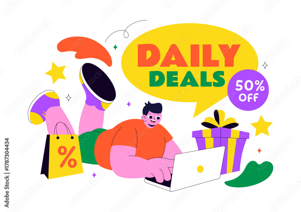 Fototapeta premium Daily Deals Vector Illustration Showcasing Various Shopping Items with Increasing Discounts, Ideal for Promotions, Sales, and E-Commerce Background