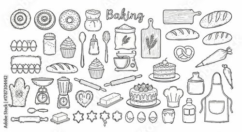 Hand-drawn collection of baking equipment and pastry ingredients. Vector doodle set with whisk, flour, cake, and bread icons