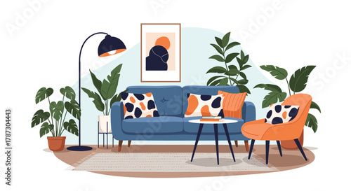 Cozy and modern living room interior design with a blue sofa, orange armchair, stylish floor lamp, and a collection of lush green houseplants.