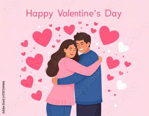 A romantic pink Valentine-themed illustration of a loving couple embracing, perfect for a wallpaper or greeting card, expressing warmth, intimacy, and deep affection