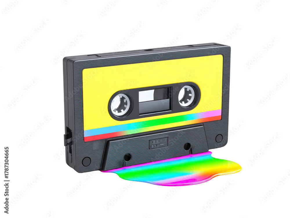 Fototapeta premium Cassette tape retro yellow rainbow colorful plastic vintage music audio creative isolated liquid melted nostalgic 1980s 1990s analog fun vibrant playful concept art design technology entertainment