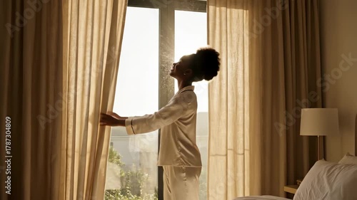 Woman in pajamas opening curtains to reveal bright morning sunlight streaming into her bedroom creating a peaceful and hopeful start to the day in a cozy home setting