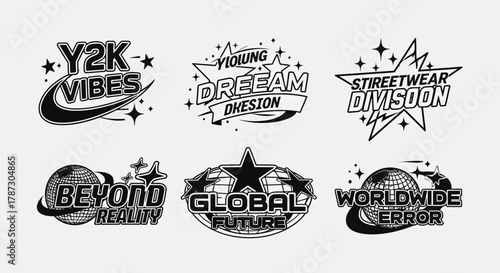 Monochrome collection of retro futuristic graphic emblems inspired by 2000s streetwear culture. Vector design assets for logos and labels