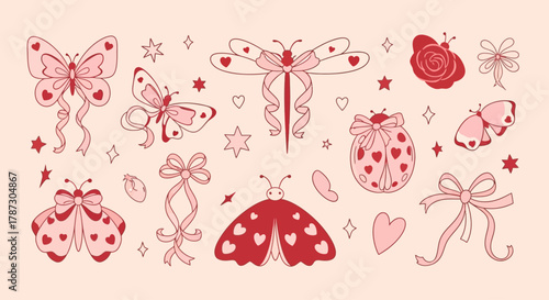 Whimsical vector collection of romantic butterflies, moths, and a dragonfly with decorative heart patterns and delicate pink bows