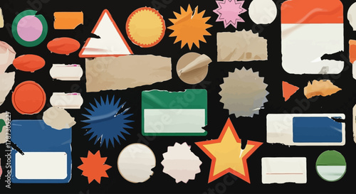 Vibrant assortment of torn paper stickers, colorful decals, and blank adhesive labels for scrapbooking and design projects