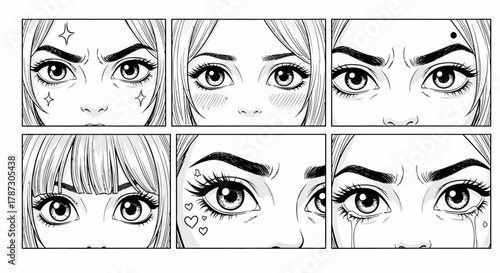 A collection of female anime eyes expressing different emotions. Hand-drawn vector illustration set in a black and white manga comic style
