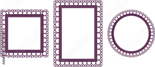 Elegant purple decorative frame collection with circular square and rectangular borders, intricate ornamental design, minimalist vector template for artwork