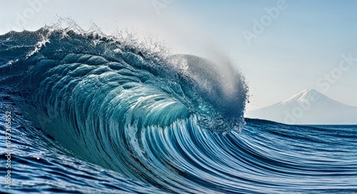 Fototapeta Naklejka Na Ścianę i Meble -  Powerful Ocean Wave Crashing With Mount Fuji in Background Dramatic Scenic View
