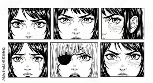 A captivating set of hand-drawn manga style female eyes showing a wide range of emotional expressions from anger to sadness