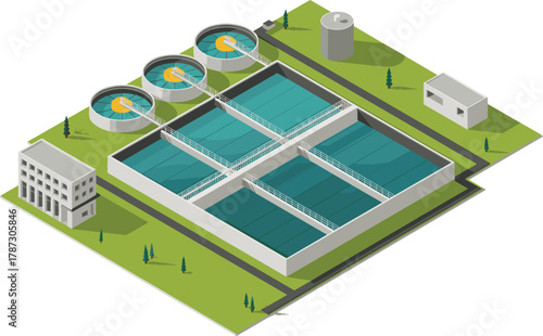 Isometric 3D illustration of modern wastewater treatment plant facility with filtration tanks, sedimentation pools, and storage tower on green landscape