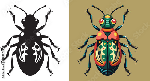 Vibrant, stylized beetle illustration with bold colors and intricate patterns, perfect for creative projects and nature themes