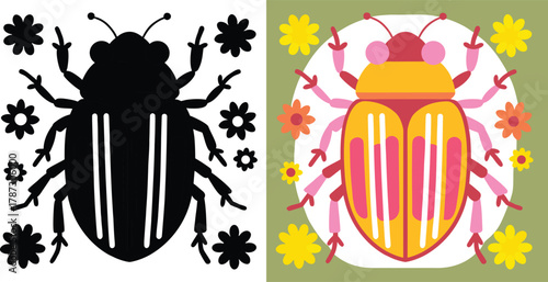 Vibrant, stylized beetle illustration with colorful flowers, perfect for children's designs and nature-themed projects seeking a cheerful, playful aesthetic