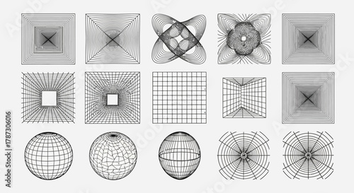 Abstract futuristic design elements featuring geometric wireframe grids, spheres, and complex linear forms