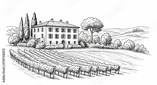 Hand-drawn sketch of a traditional Tuscan villa with a vineyard in a rural Italian landscape, rendered in a vintage engraving style