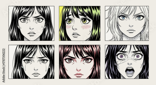 A dynamic collection of female character portraits in a Japanese comic art style, showcasing a powerful range of human emotions