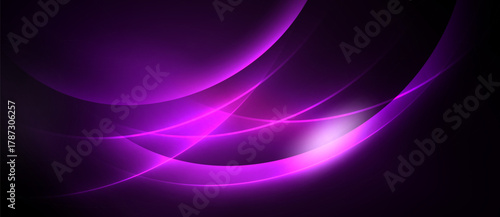 Abstract purple waves, dynamic light effects, dark background. Smooth curves create flowing energy, modern design.