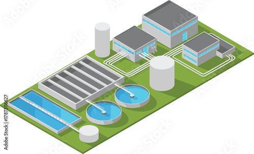 Isometric 3D illustration of modern water treatment plant facility with tanks, filtration units, and buildings for environmental industrial process concept