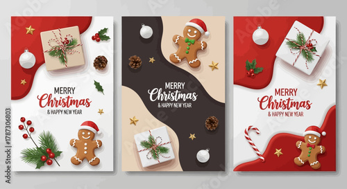 A festive collection of modern Christmas and New Year greeting cards featuring realistic 3D gingerbread men, gift boxes, and holiday decorations
