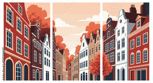 Photos A triptych illustration of a picturesque old European city street with tradition