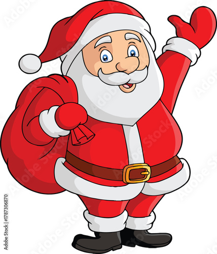 santa claus with a bag,Cheerful cartoon illustration of Santa Claus waving and carrying a red gift bag. Perfect for Christmas cards, holiday decorations, festive designs, and winter-themed projects.