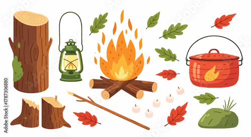 A cartoon vector set of autumn camping and hiking equipment. Collection includes a bonfire, log, lantern, cooking pot, and fall leaves for outdoor recreation