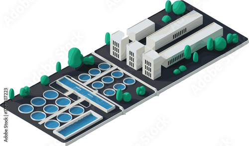 Isometric 3D illustration of modern water treatment plant with filtration pools, buildings, pipes, and green landscape for environmental technology