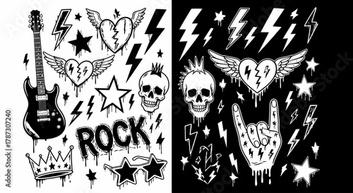 A monochrome collection of hand-drawn rock and roll music symbols in a graffiti doodle style, featuring a guitar, skull, and winged heart